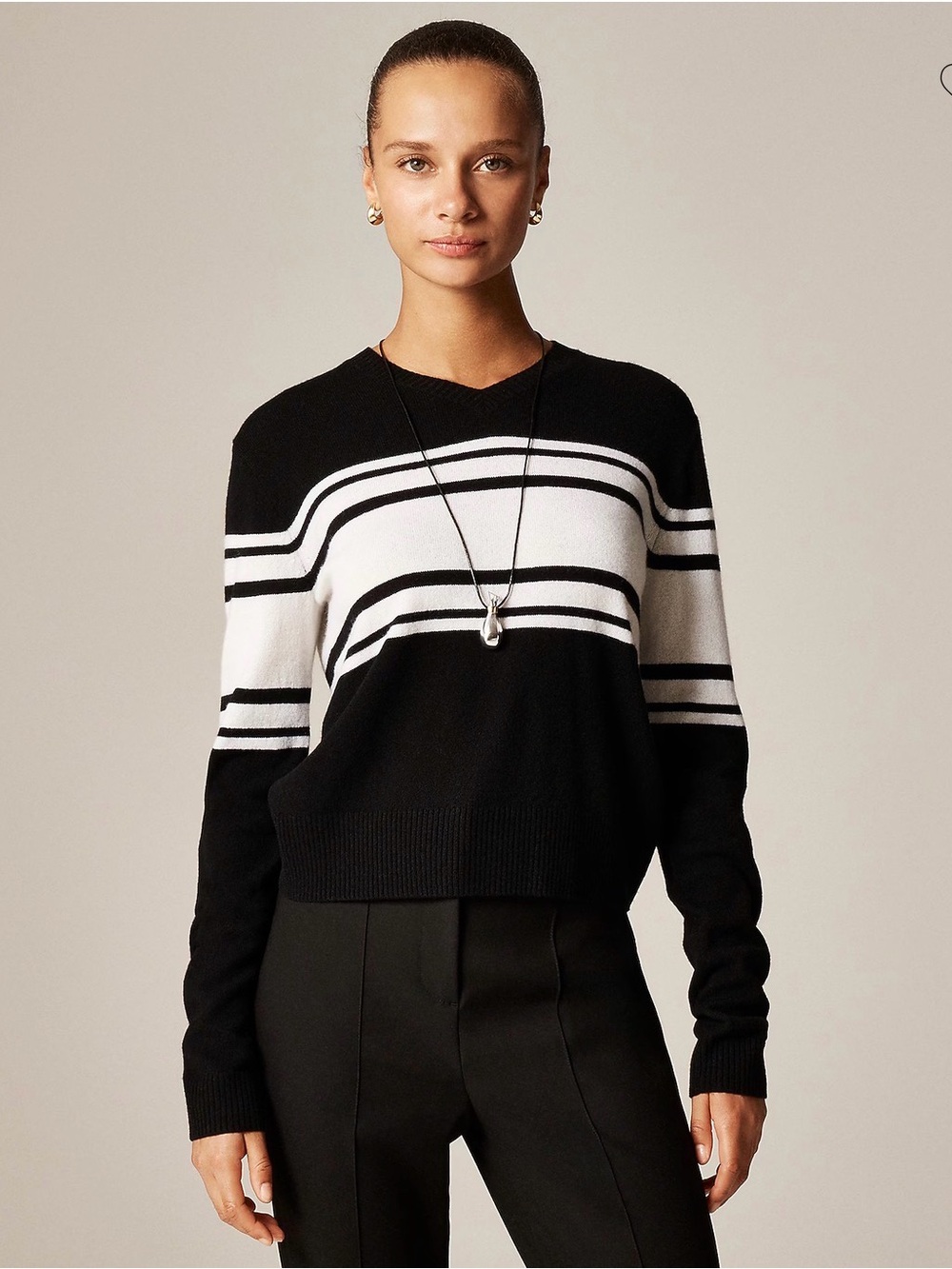 J. Crew Black and White Striped Crewneck Sweater